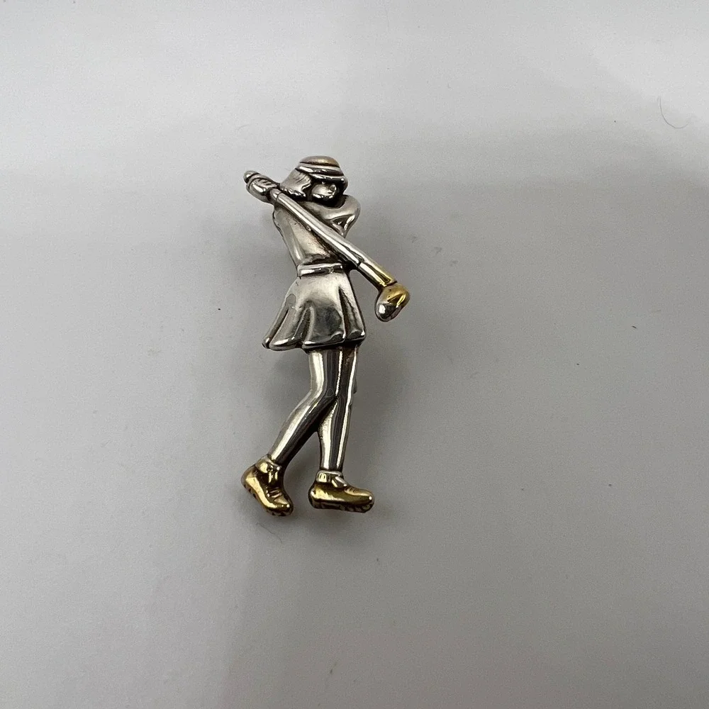 Vintage Sterling Silver 925‎ & Gilt Gold Accent Golfing Woman Pendant Brooch